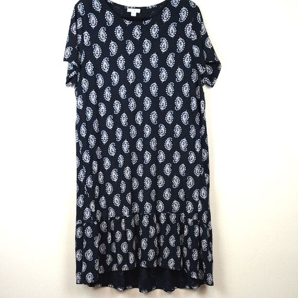 J.Jill Navy Elliptical Knit Paisley Print Flounced Hem Dress Short Sleeve Size L - Picture 4 of 11